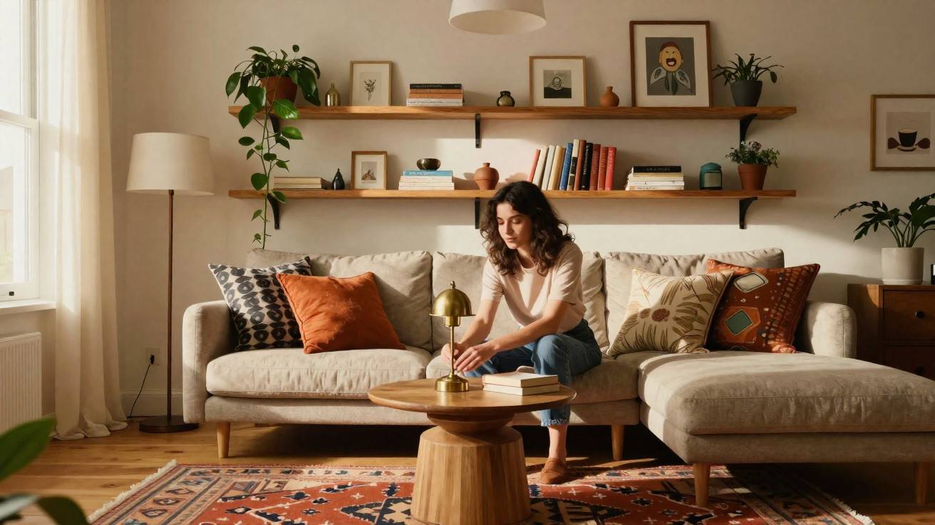 Woman sitting on a beige sofa adjusting a small gold lamp on a wooden coffee table in a cozy living room.