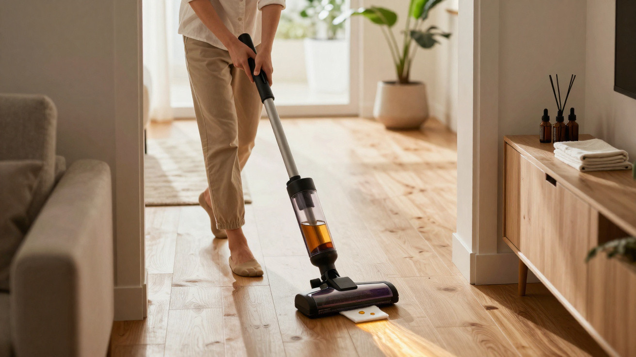 Person vacuuming wooden floor in a bright living room with plants and wooden furniture.