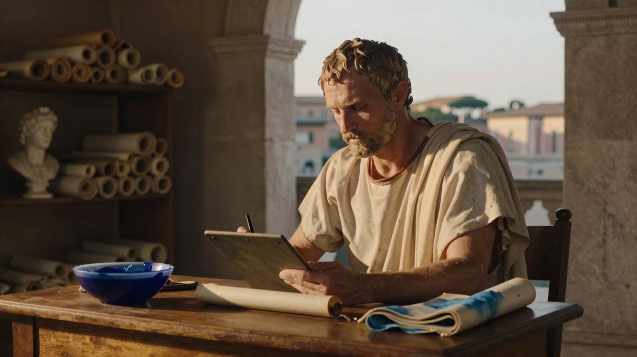 Man in ancient Roman clothing writing on a tablet at a wooden desk with scrolls and a blue bowl nearby.