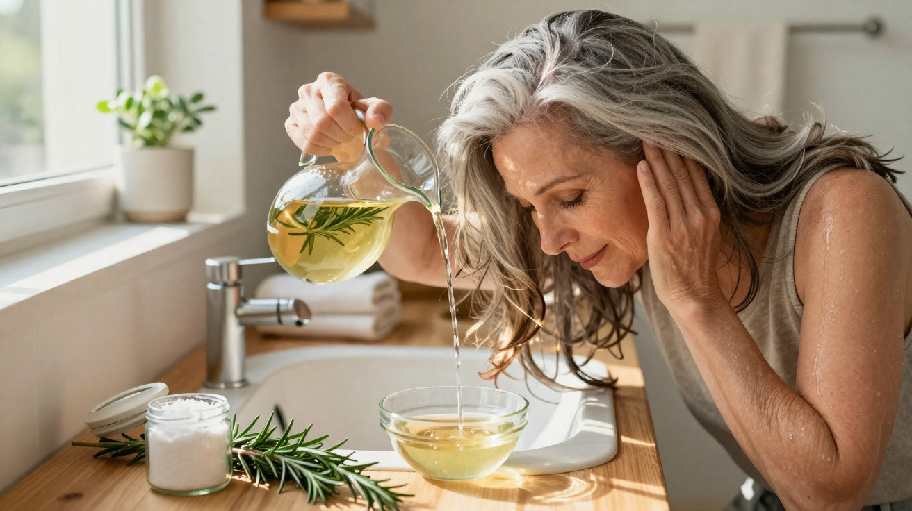 Middle-aged woman pouring rosemary-infused water into a glass bowl in a bright kitchen.