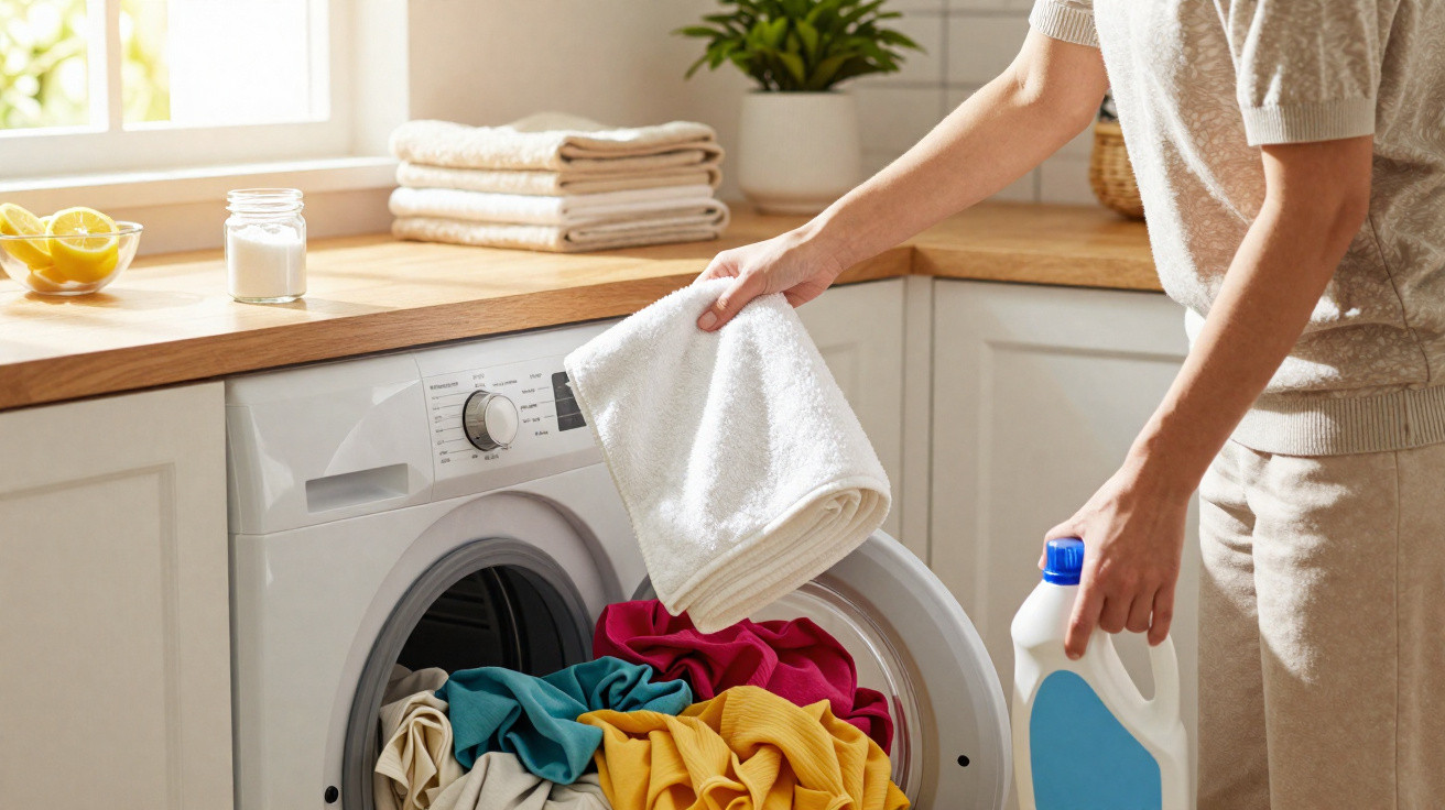 Person loading colourful clothes into a front-loading washing machine in a bright kitchen.