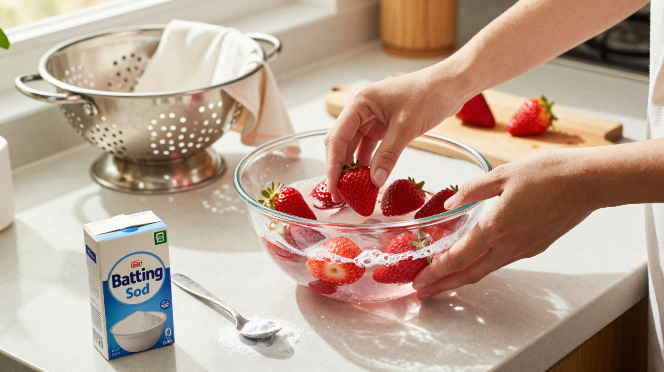 Hands washing fresh strawberries in a glass bowl of water on a kitchen countertop with baking soda nearby.