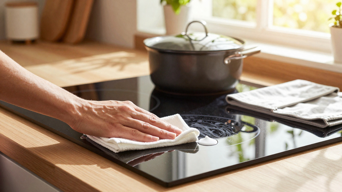 Hand wiping a clean black glass stovetop with a white cloth next to a pot and folded cloths.