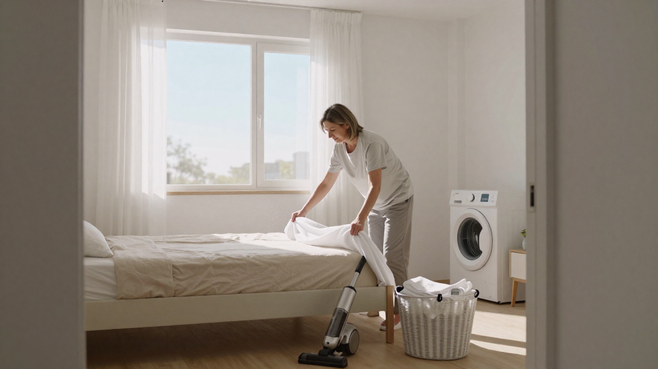 Person making the bed while using a vacuum cleaner in a bright, minimalistic bedroom with a washing machine.