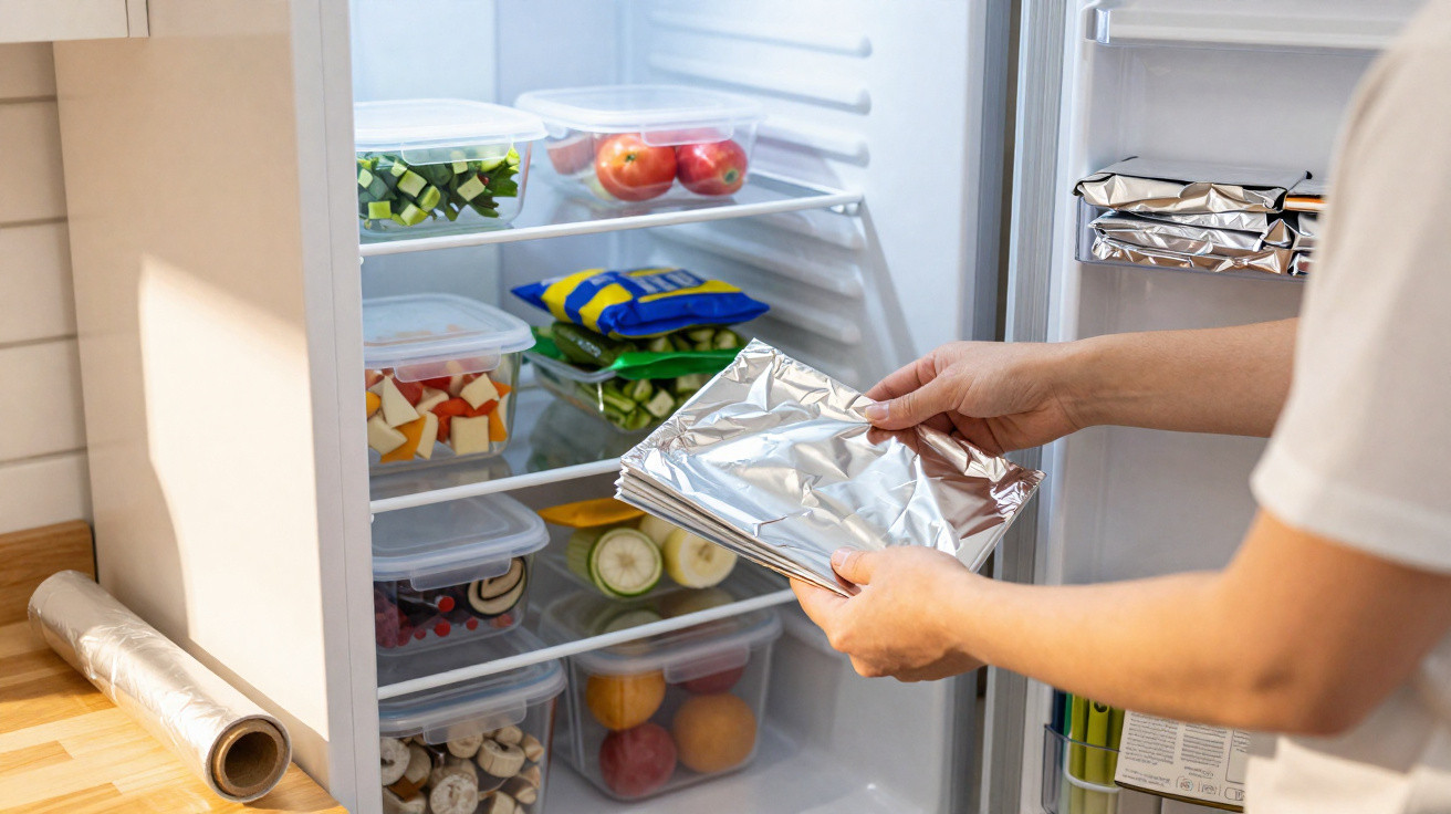 Person placing food wrapped in aluminium foil into a fridge with various vegetables and fruit inside.