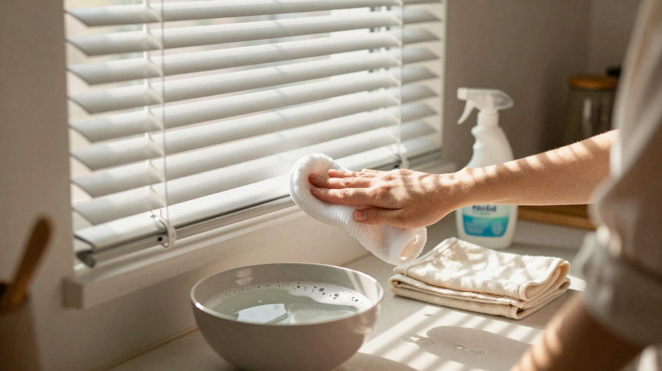 Hand wiping window blinds with cloth beside bowl of soapy water and cleaning spray on windowsill.