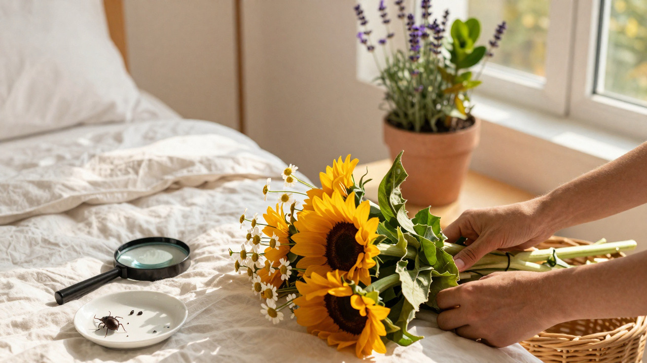 Hands arranging a sunflower and daisy bouquet on a bed near a magnifying glass, plate with beetle, and a potted plant.