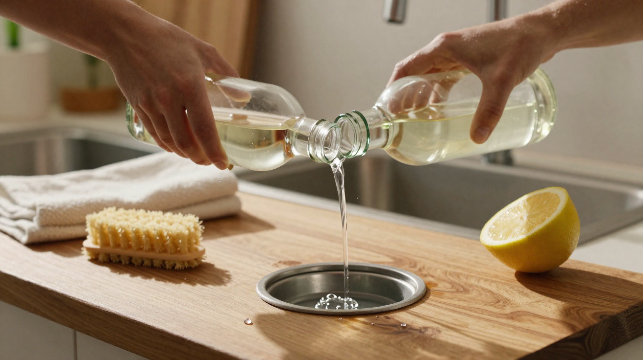 Two hands pouring liquid from glass bottles into a small drain on a wooden countertop near a lemon half and scrubbing brush.