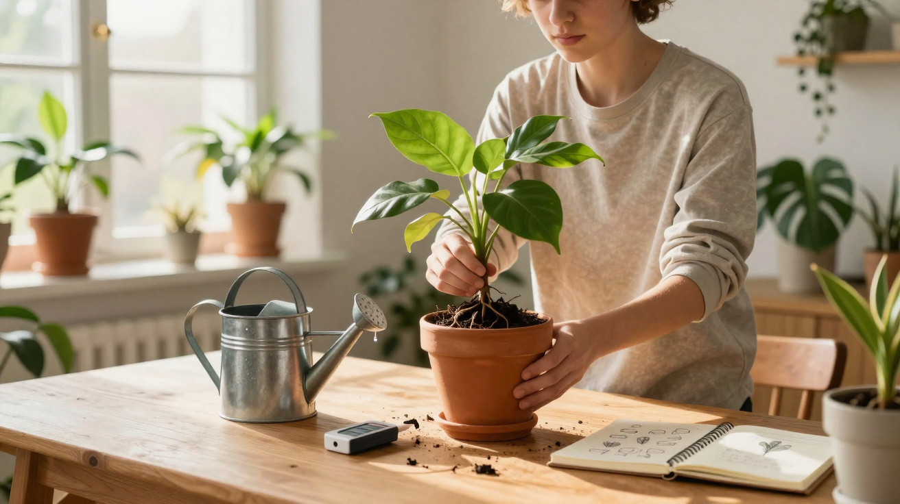 Person repotting a green houseplant on a wooden table next to a watering can and an open notebook.