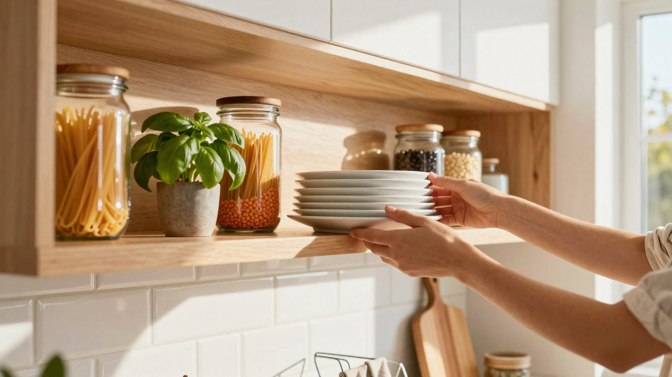 Hands placing a stack of white plates on a wooden kitchen shelf with jars of pasta and herbs nearby.