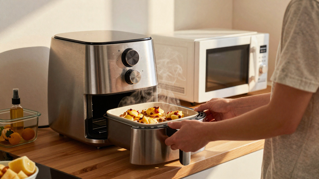 Person removing a tray of freshly cooked food from a stainless steel air fryer on a wooden kitchen counter.