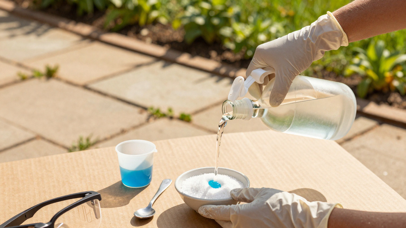 Person wearing gloves pouring liquid from a bottle into a bowl with powder on an outdoor table.
