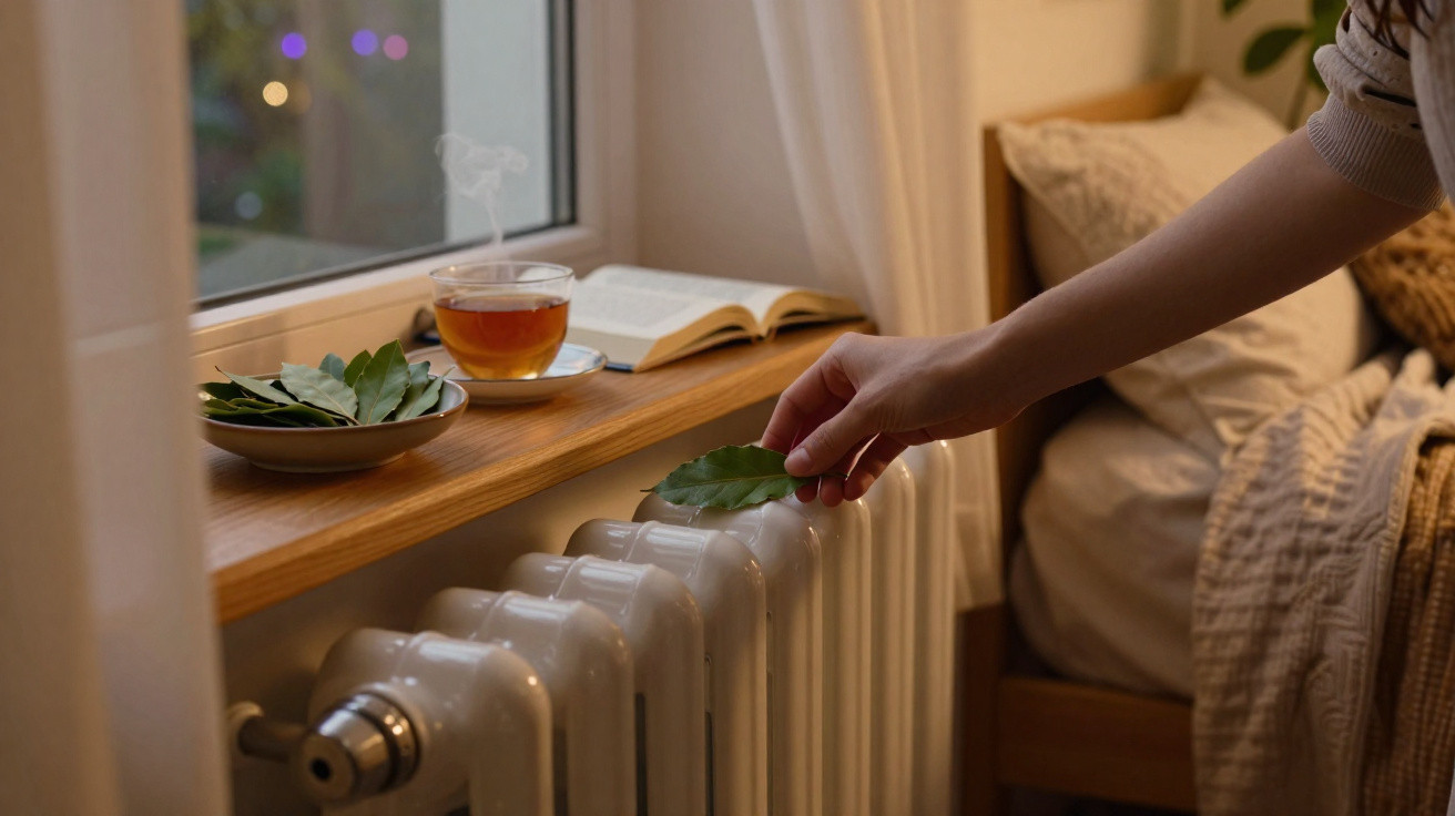 Hand placing bay leaf on a white radiator near a windowsill with tea, bay leaves, and an open book.