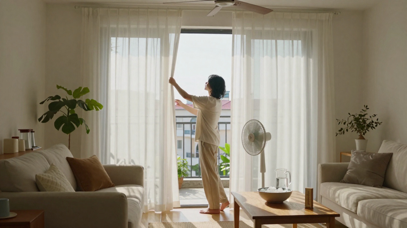 Person opening sheer curtains in a bright, modern living room with neutral décor and natural light.