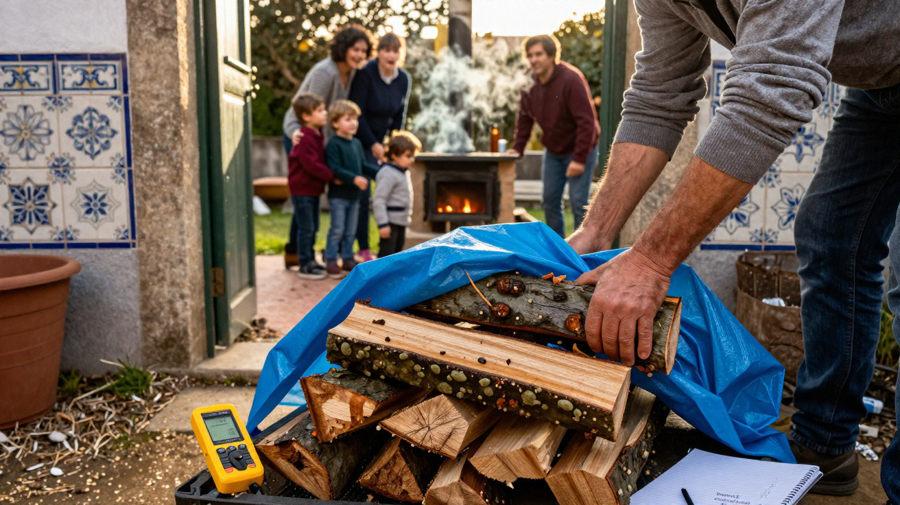 Person stacking firewood under a blue tarp while family and children watch near an outdoor stove.