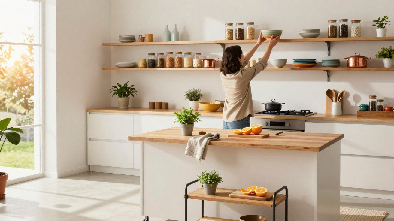 Woman placing a bowl on a kitchen shelf in a bright, modern kitchen with wooden countertops and plants.