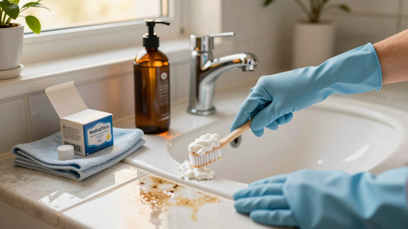 Hands in blue gloves applying cleaning foam on a bathroom sink countertop to remove stains.