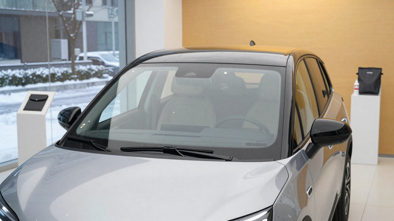 Silver car parked indoors near large window with snowy urban background outside.