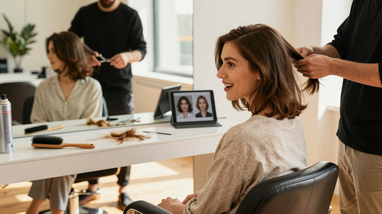 Woman smiling while getting a haircut in a salon with hair tools and a tablet showing hairstyles on the table