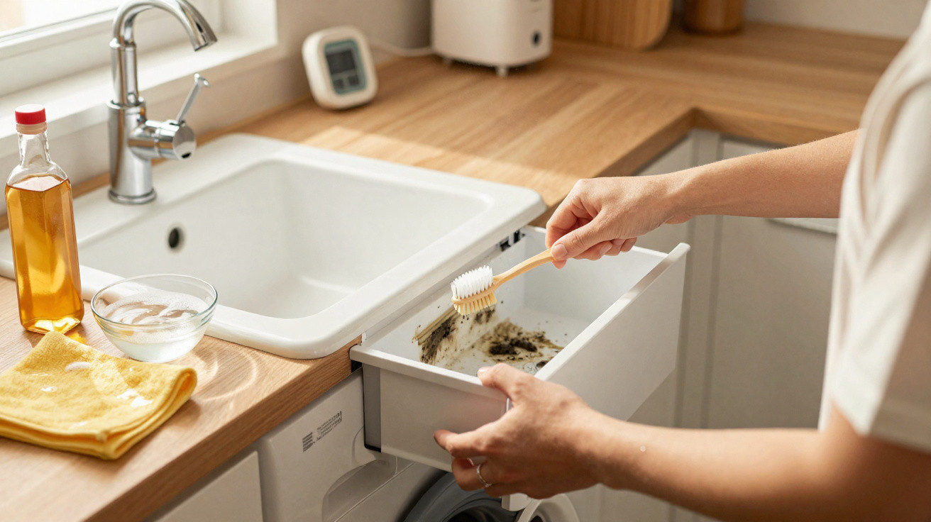 Person cleaning a dirty kitchen drawer near a sink using a toothbrush and natural cleaning supplies.