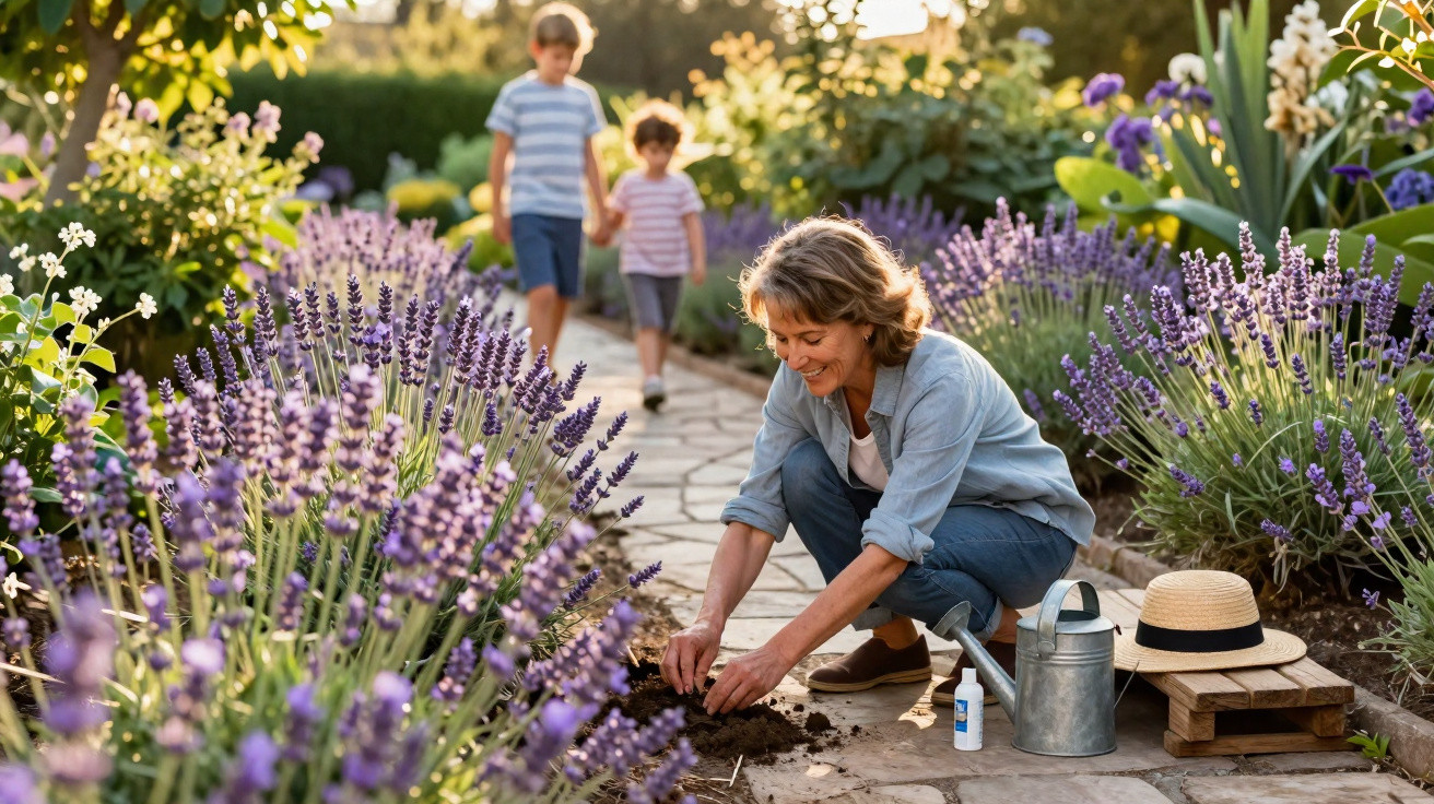 Woman gardening among lavender bushes on stone path with two children walking in background.