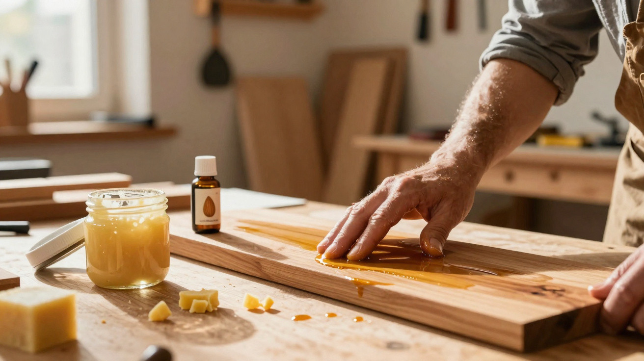 Person applying wood oil onto a wooden board in a sunlit workshop with supplies on the table.