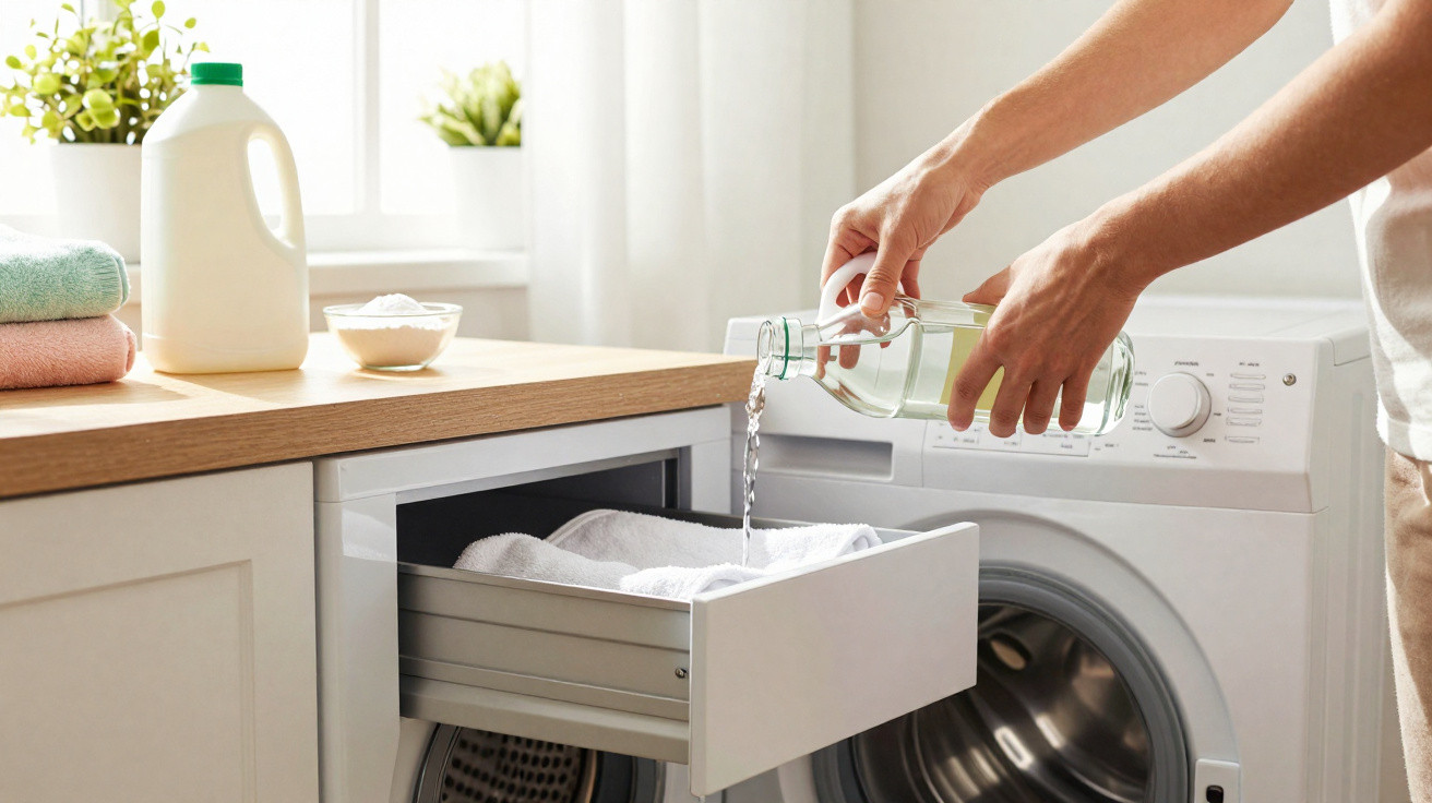Person pouring liquid from a glass bottle into a drawer with white towels in a laundry room.
