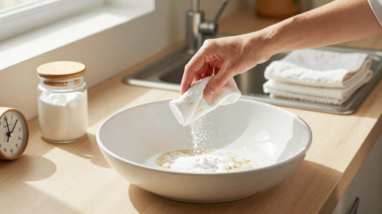 Hand sprinkling baking soda from a cloth over a white bowl on a kitchen countertop near a sink.
