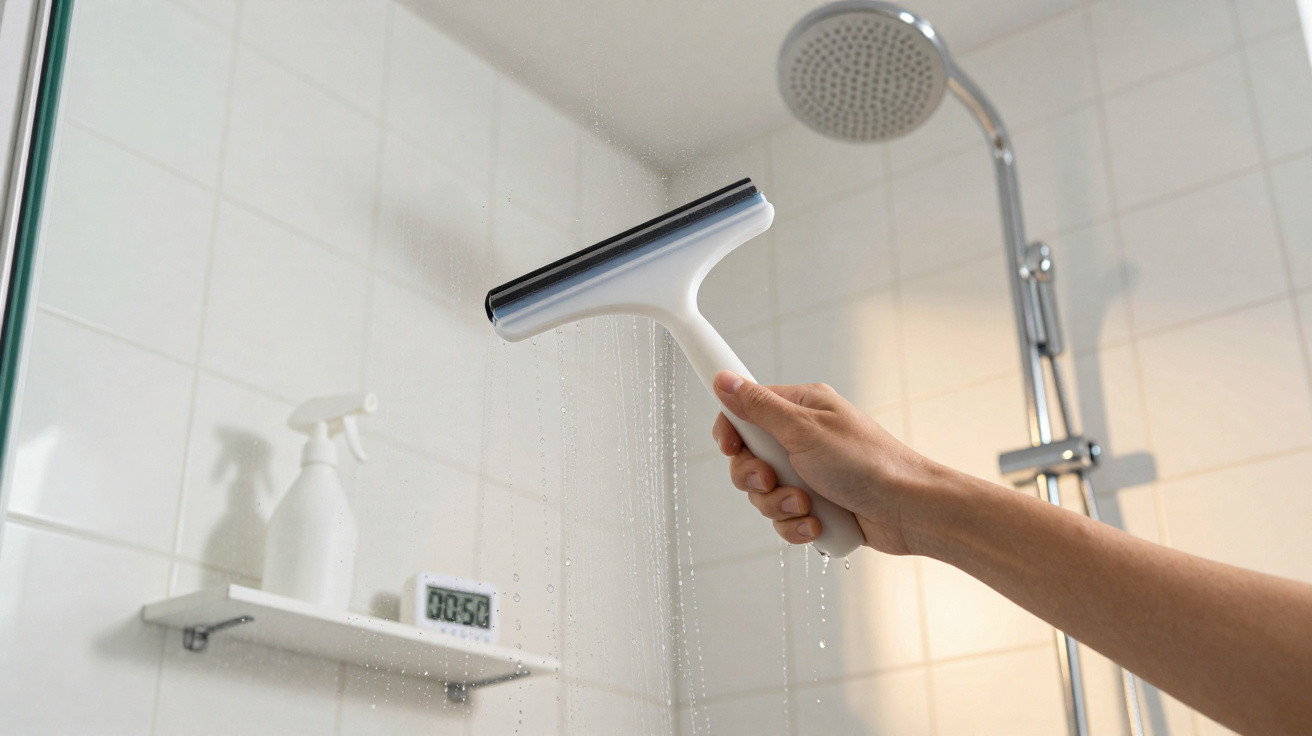 Hand wiping water off a glass shower screen with a white squeegee in a tiled bathroom.