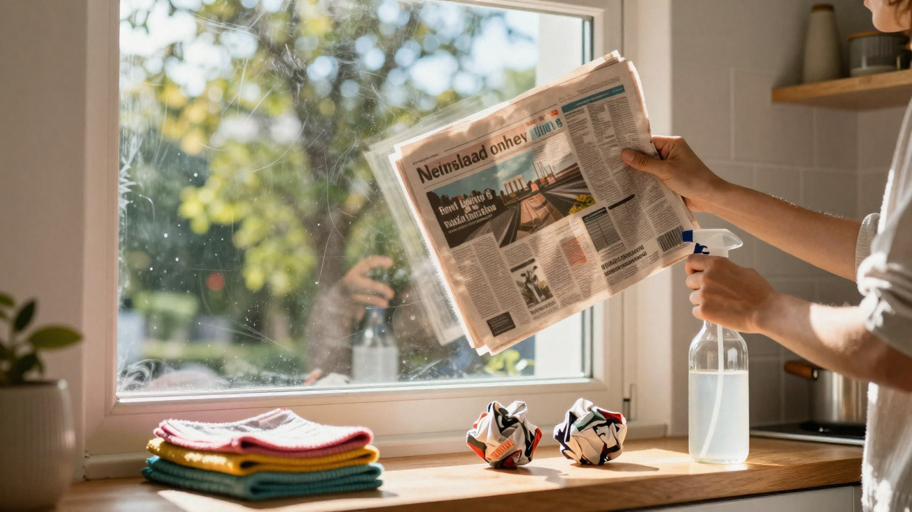 Person cleaning a window with a newspaper and spray bottle on a sunny day in a kitchen.