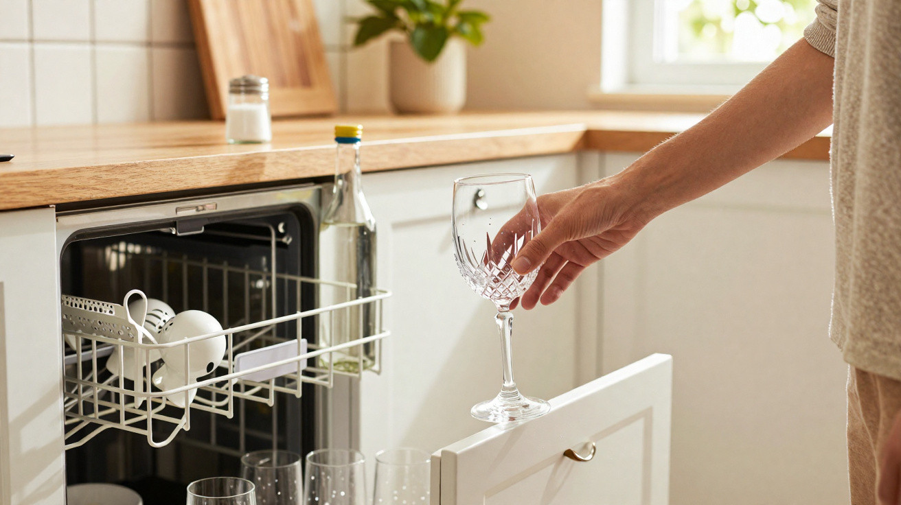 Hand reaching to place a glass into an open dishwasher in a bright kitchen with wooden countertops.