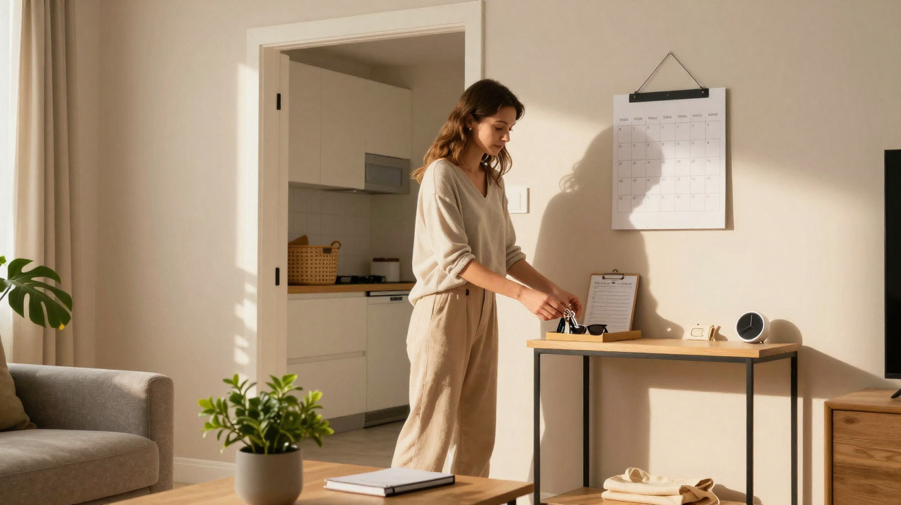 Woman organising keys on a wooden console table in a sunlit living room with a calendar on the wall.