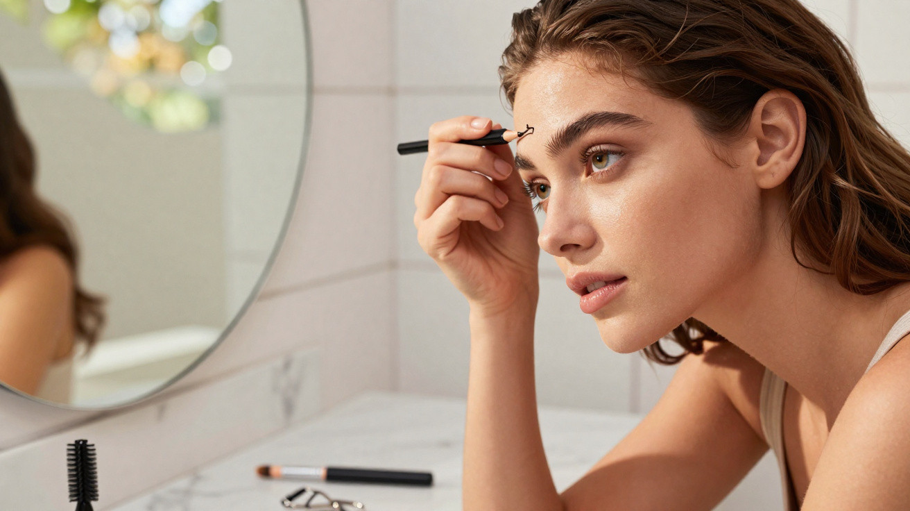 Woman applying eyebrow makeup with a pencil while looking into a bathroom mirror.