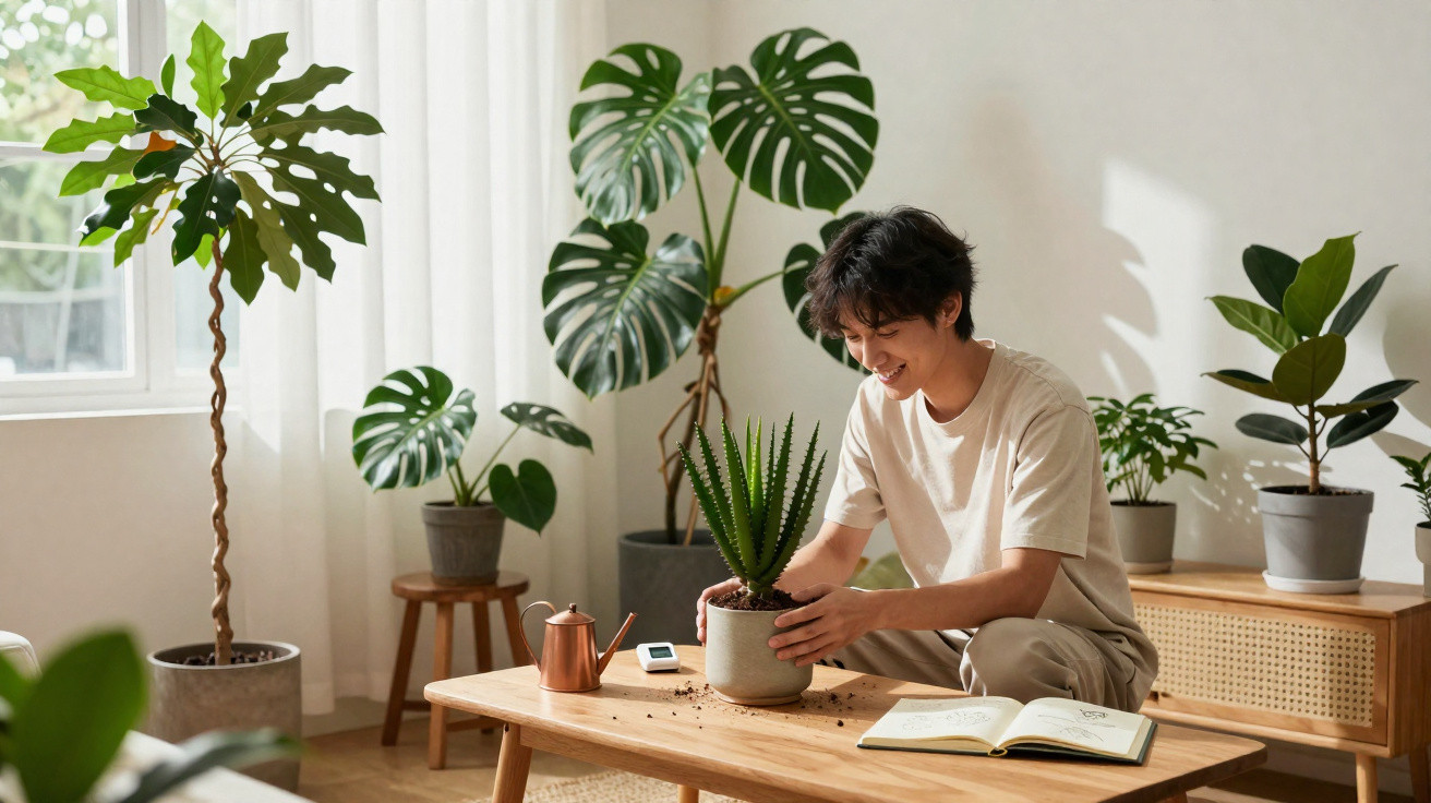 Young man repotting a succulent plant on a wooden table surrounded by various indoor plants in a bright room