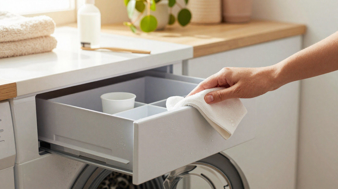 Hand wiping open detergent drawer of a front-loading washing machine in a bright laundry room.