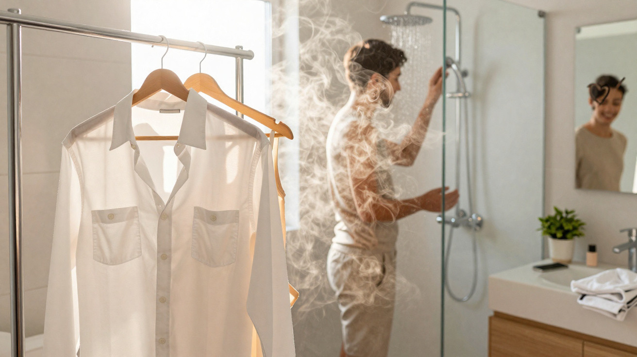 Two white shirts hanging on a rack with a man adjusting a shower in a steamy bathroom behind them