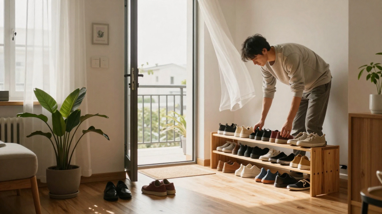 Man organising shoes on a wooden rack in a bright room with an open door and sunlight streaming in.