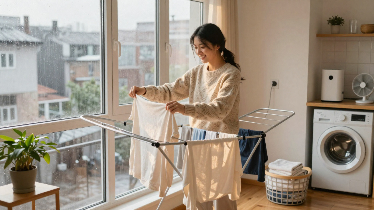 Woman hanging clothes to dry on a rack by a large window in a laundry room with a washing machine nearby.