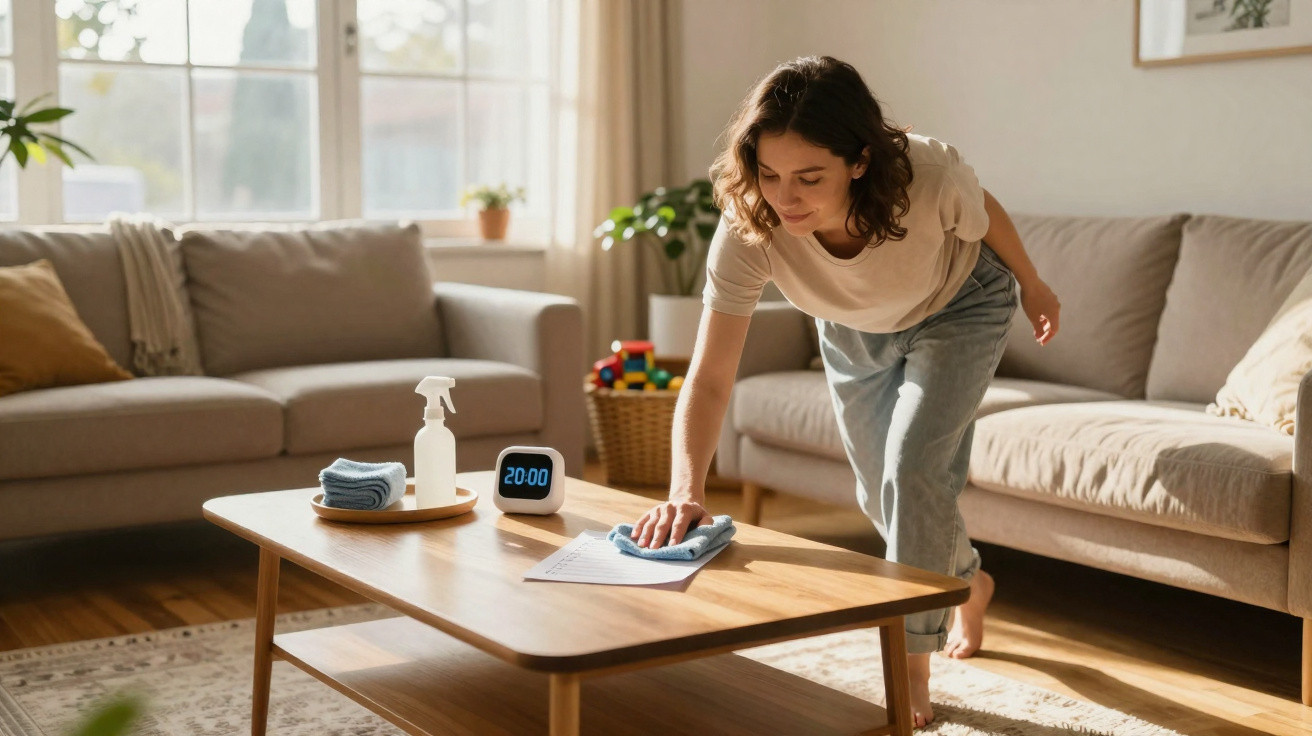 Woman cleaning a wooden coffee table in a bright, cosy living room with sofas and a digital clock.