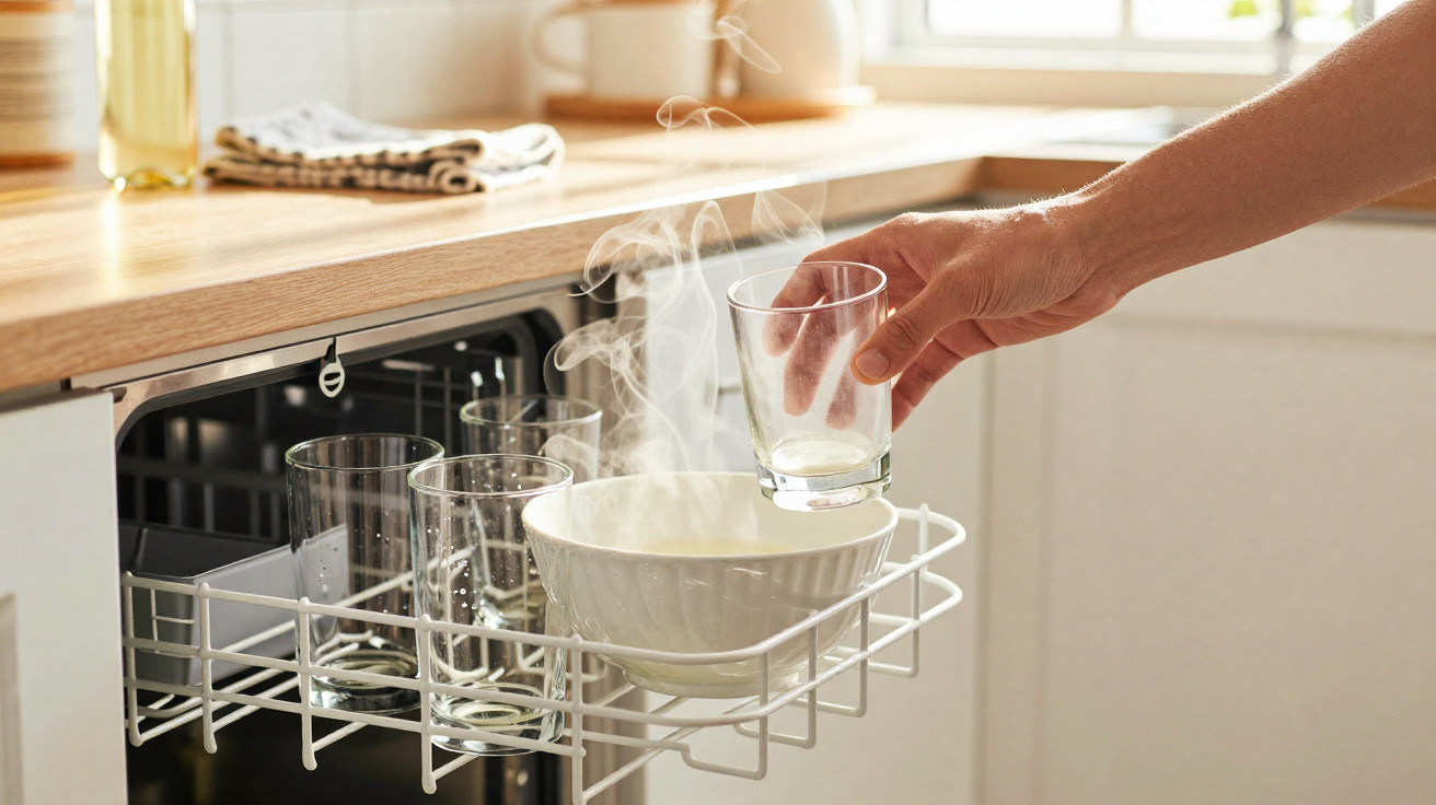Hand placing a steaming glass into a dishwasher rack alongside other glasses and a bowl in a bright kitchen.