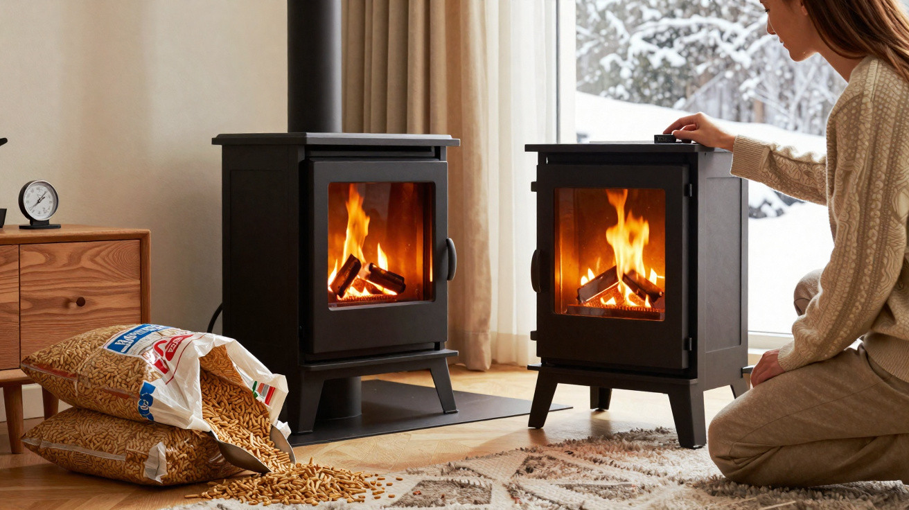 Person adjusting small wood-burning stove inside with another stove and bags of wood pellets nearby.