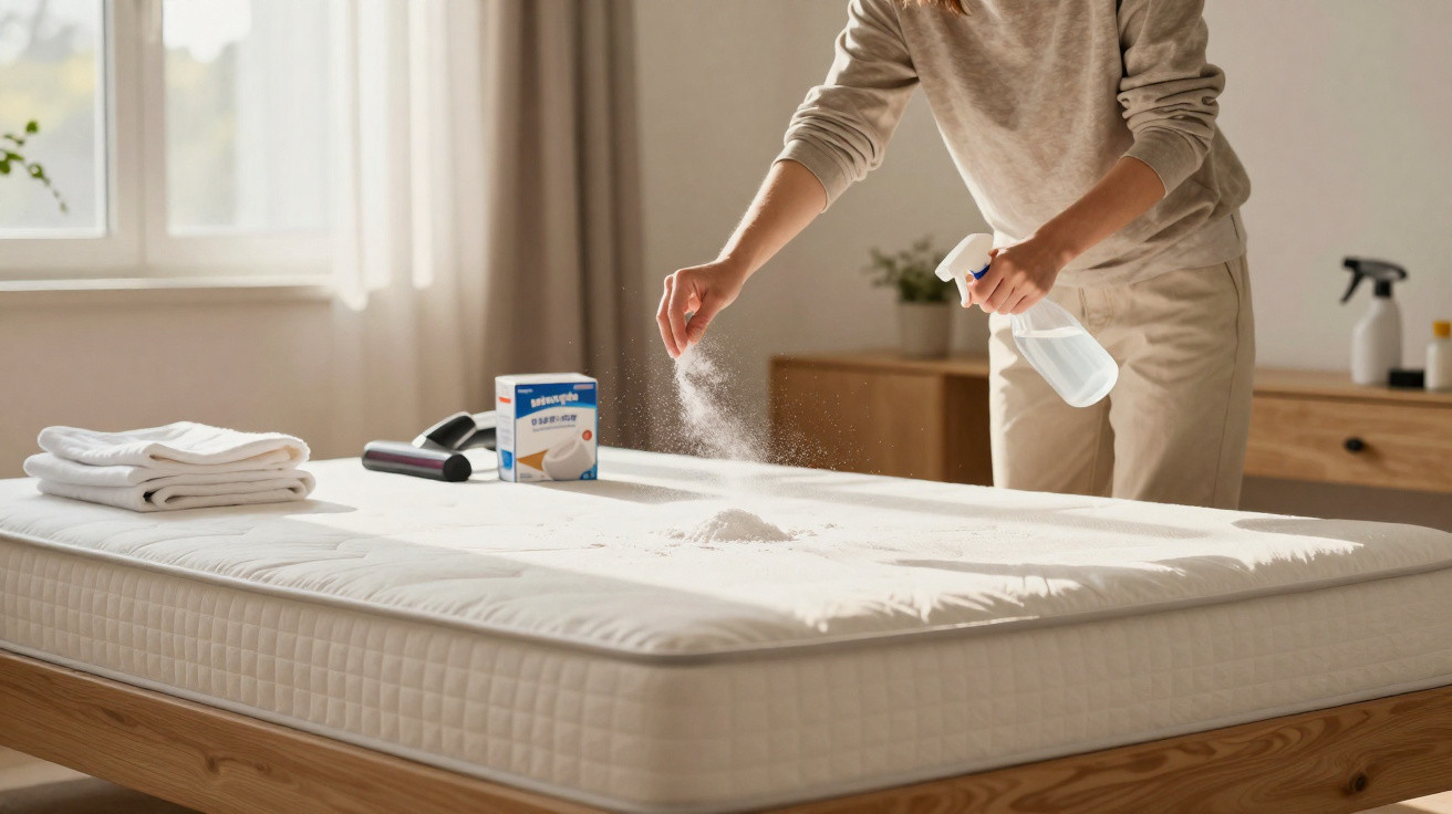 Person sprinkling baking soda on a mattress in a sunlit bedroom for cleaning or freshening.