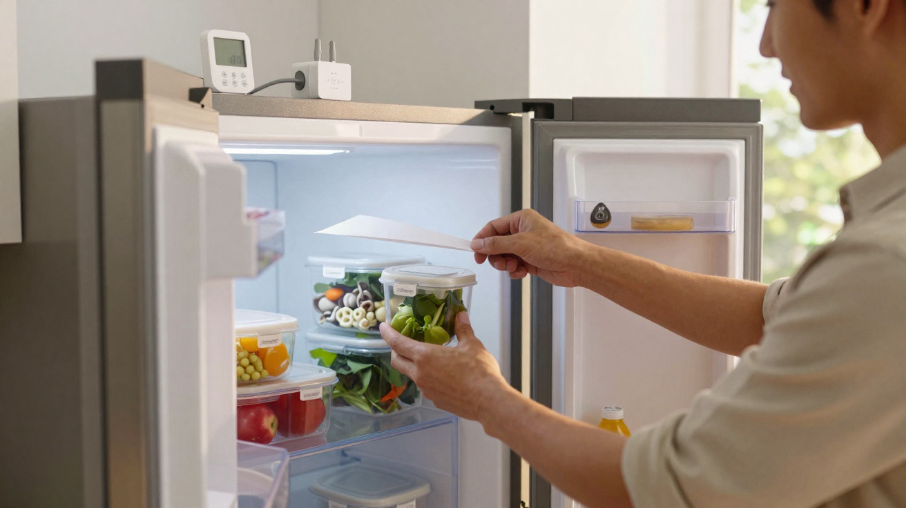 Person placing a labelled container of vegetables inside a well-organised fridge with fresh food.