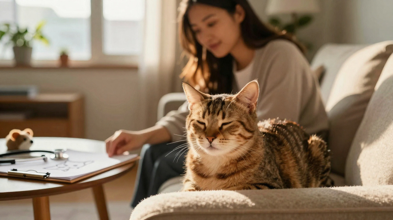 Tabby cat resting on a sofa with a woman writing at a table in a sunlit living room.
