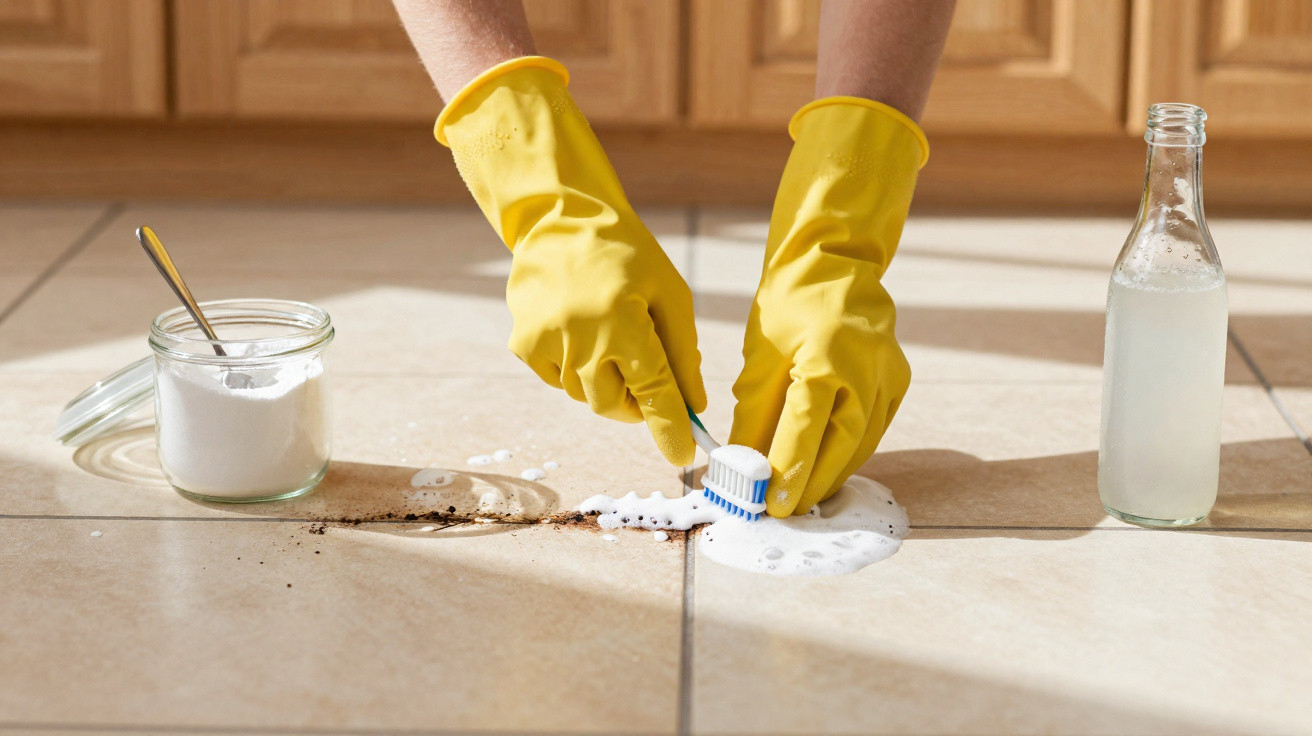 Hands wearing yellow gloves scrubbing floor tiles with a brush, baking soda, and liquid cleaner nearby.