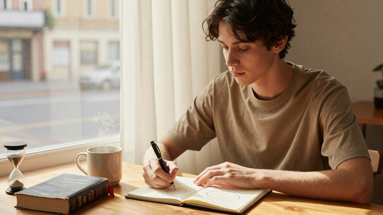 Young man sketching in a notebook at a wooden table by a window with a steaming mug and book nearby.