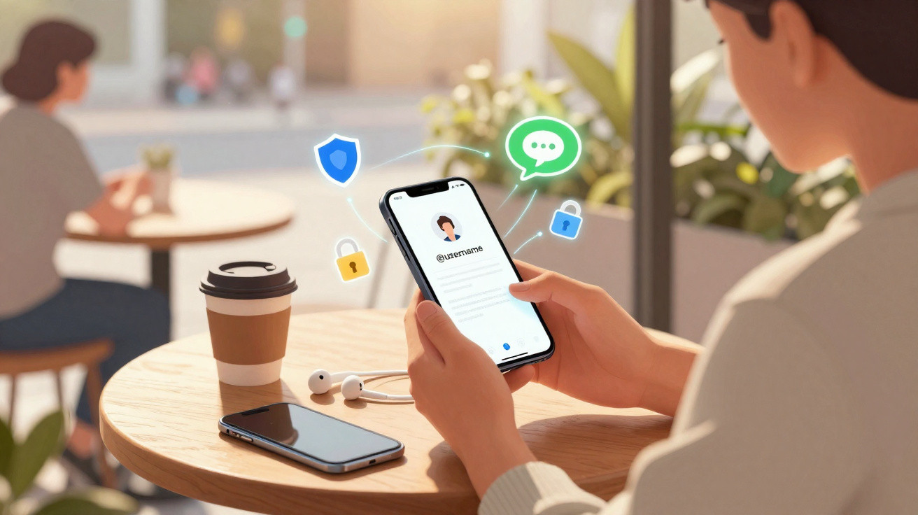 Person holding smartphone showing a secure user profile with icons for privacy and messaging in a café.