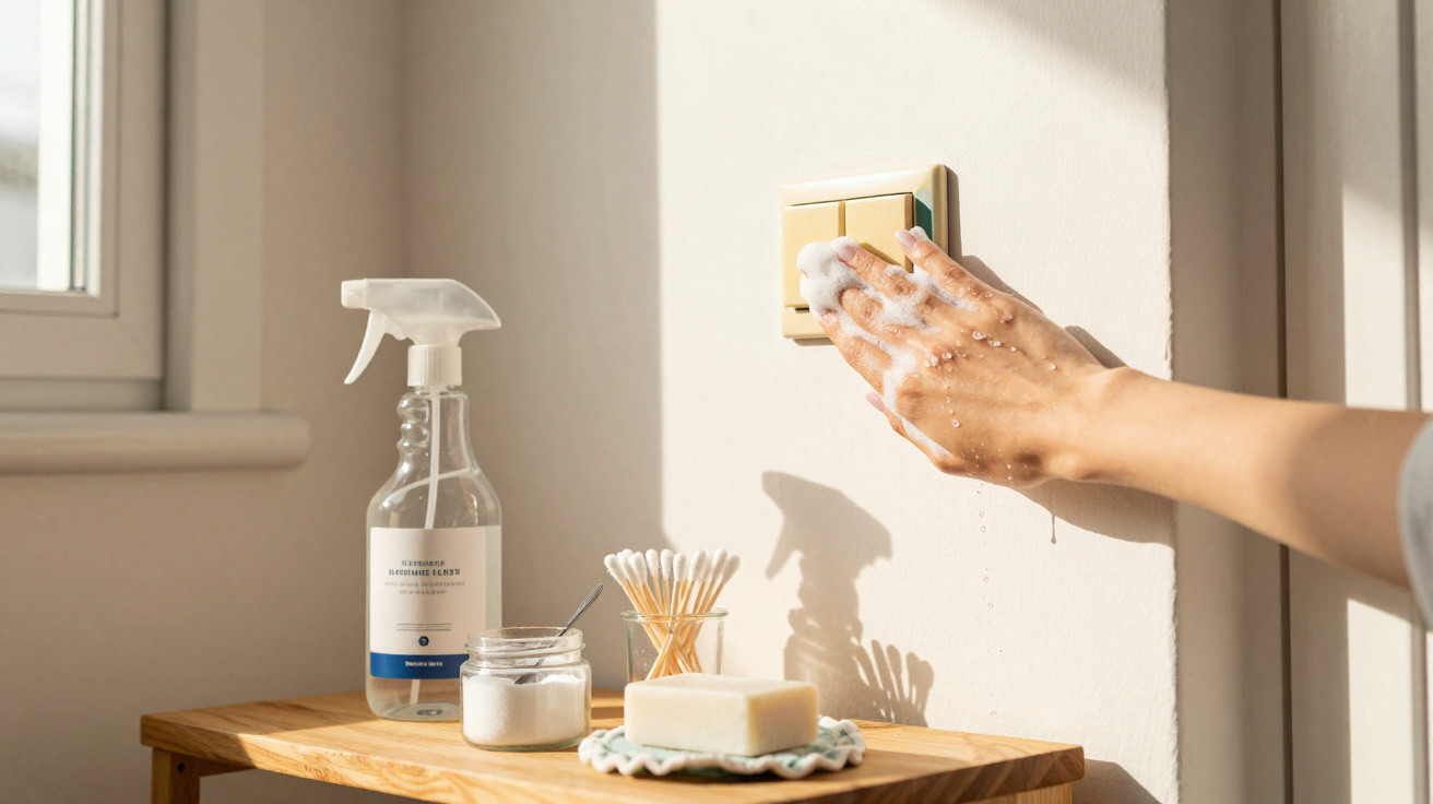 Hand covered in soap foam cleaning a light switch with cleaning supplies on nearby wooden table.