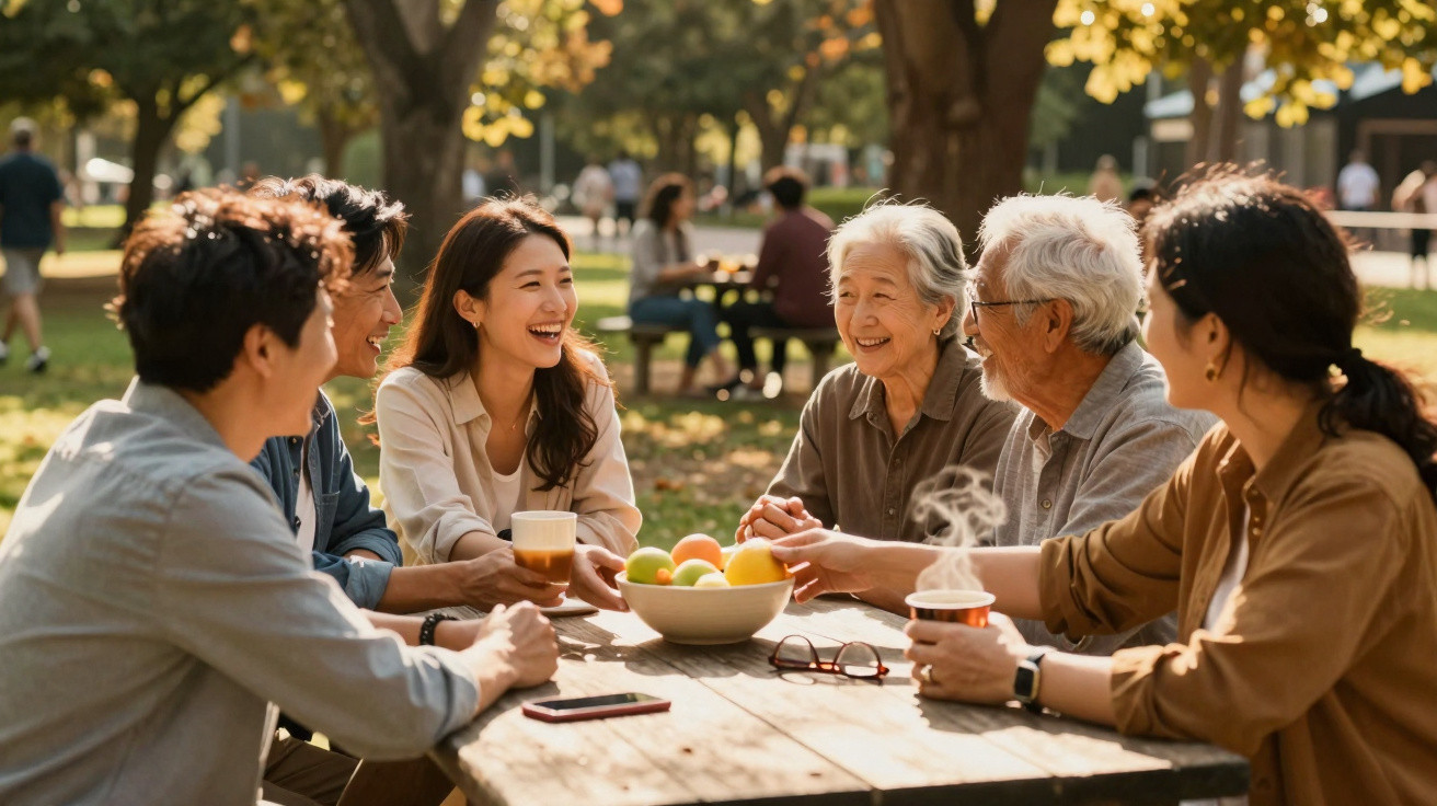 Multigenerational family enjoying drinks and fruit together at a sunny park picnic table.