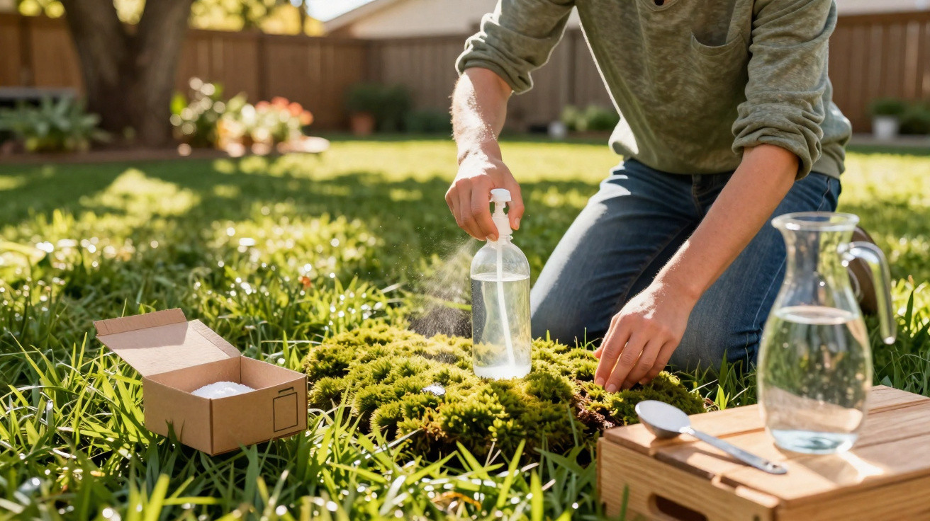 Person spraying water on small plants in garden with gardening supplies nearby on grass.